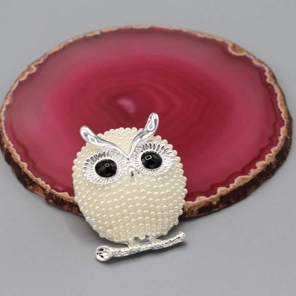 Owl bird pin brooch white pearl silver tone - Picture 4 of 8